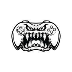 Aggressive monster video game controller mascot with sharp fangs and an angry expression. Black and white vector illustration for esports or gaming team logo