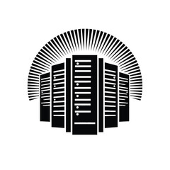Black and White Illustration of Data Servers with Rays of Light Emanating from Behind