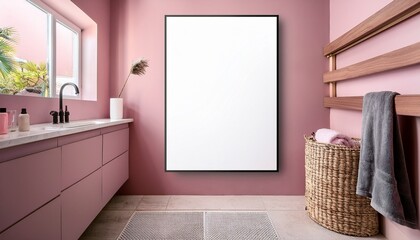 poster mockup on empty wall in pink bathroom interior
