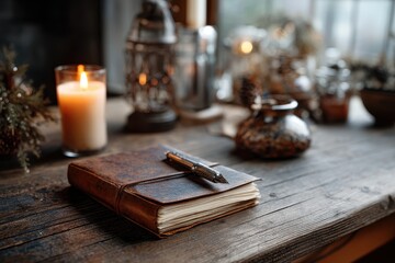 Fototapeta premium Rustic Leather Journal, Fountain Pen, and Candlelight on Wooden Table