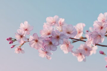 Obraz premium Pink cherry blossoms bloom against a pastel sky, springtime floral detail, nature background, ideal for greeting cards