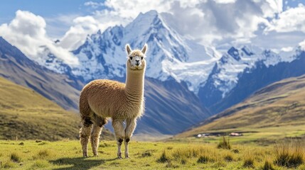 An alpaca with fluffy fur standing on a green valley plain