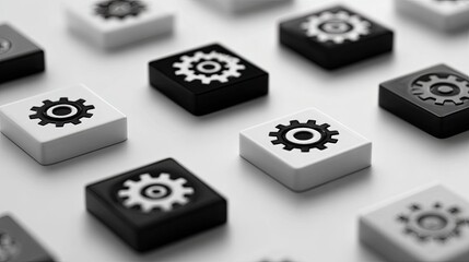 Grid of white and black square icons, each with a gear symbol