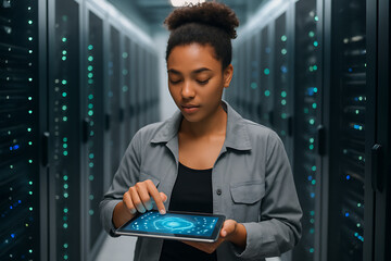 An african american woman is working on a futuristic tablet in a server room, she is a data center engineer, her hand is touching the screen