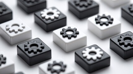 Abstract pattern of black and white squares with gears
