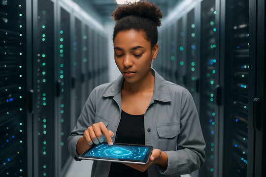 An african american woman is working on a futuristic tablet in a server room, she is a data center engineer, her hand is touching the screen