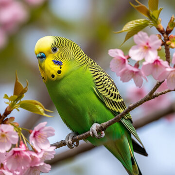 parakeet on the branch of a cherry tree