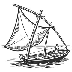 A lone sailor stands on a traditional wooden sailing boat with billowing sails on the water