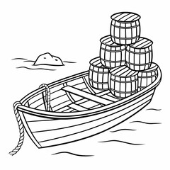 A simple black and white illustration of a rowboat filled with stacked barrels floating on water
