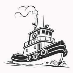 Cartoon tugboat sailing through the waves with smoke coming from its chimney