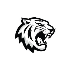 Roaring tiger head mascot illustration, a powerful concept of strength and aggression for a sports team logo on a white background