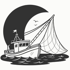 Fishing trawler with net deployed at sea under a large crescent moon and birds flying