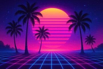 Fototapeta premium Retro Synthwave Landscape with Neon Grid and Purple Sunset Creating 80s Cyberpunk Aesthetic Background