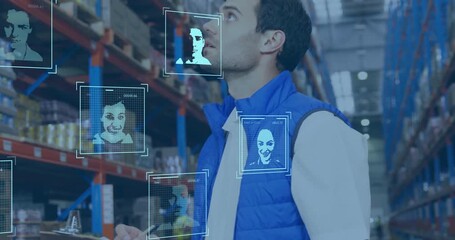 Warehouse worker glancing at shelf, scanning and viewing AR face profiles, noting IDs for tracking - Powered by Adobe