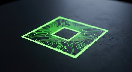 Square circuit board with glowing green connections atop textured surface