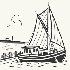 Stylized illustration of a sailboat docked at a pier with a house and lighthouse in the background