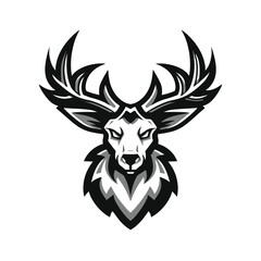 Monochrome vector illustration of a powerful buck head with sharp antlers, perfect for a gaming or sports team mascot