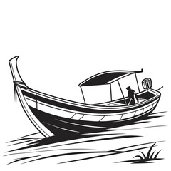 Traditional wooden longtail boat with a person steering on a calm river or sea