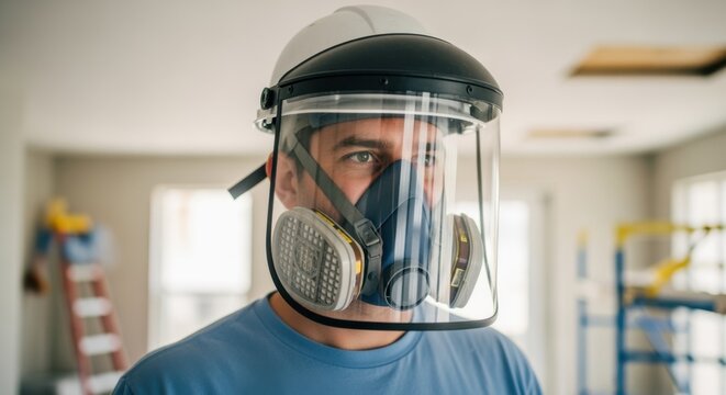 Protective helmet with attached respirator and clear face shield worn by contractor before starting popcorn ceiling removal indoors.