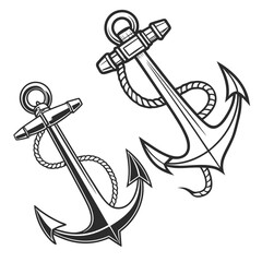 Two nautical anchors with ropes in a classic black and white illustration style