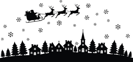 Silhouette of Santa Claus in a sleigh pulled by reindeer over a village with snowflakes Keywords: Christmas, Santa Claus, sleigh, reindeer, village, silhouette, snow, winter, holiday, festive