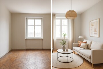 Modern home renovation transformation showing before and after comparison of empty room interior design makeover