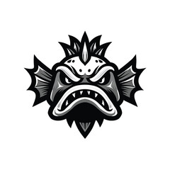 Furious aquatic creature emblem for sports teams or gaming clans, depicting a powerful and aggressive fish monster with sharp teeth and an intimidating expression, perfect for a strong visual identity