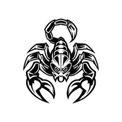 Fierce and stylized scorpion graphic design, a powerful symbol of strength and danger with intricate details and a bold, aggressive stance, ideal for a striking visual emblem
