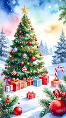 Festive watercolor illustration of a Christmas tree adorned with colorful ornaments and gifts on snowy landscape.
