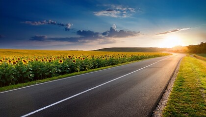 road and sun flowers field side view
