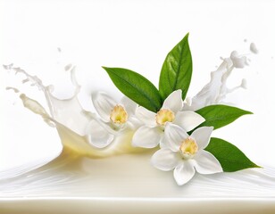 vanilla cream milk splash with floral decor on white background
