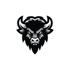 Dynamic and powerful bison head mascot logo illustration, depicting strength and determination with sharp features and a fierce expression