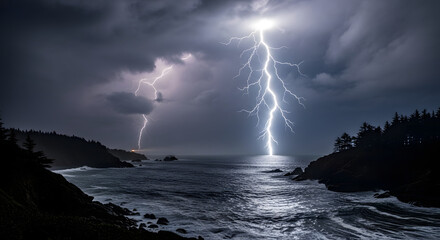 Dramatic lightning strikes over the ocean at night showcasing nature's power