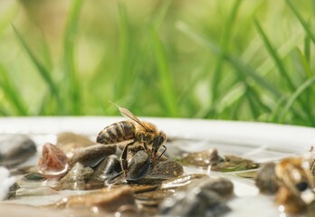 A Honeybee carefully drinks from the water held between the stones in a birdbath. The sun shines brightly, and the grassy background glows with light