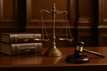 Legal scales of justice with constitutional law books in mahogany-paneled courtroom setting