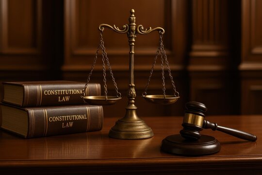 Legal scales of justice with constitutional law books in mahogany-paneled courtroom setting