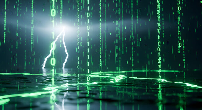 Futuristic digital rain and lightning strike in a computer simulation landscape