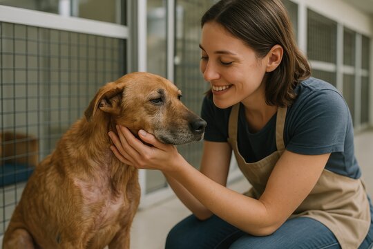Heartwarming moment of rescue dog receiving gentle care from compassionate volunteer at animal shelter
