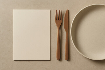 Beige Menu Card Mockup with Wooden Cutlery and Plate – Premium Modern Aesthetic