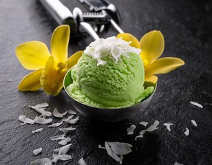 pandan green ice cream scoop garnished with yellow orchid flower and coconut flakes on textured black stone surface
