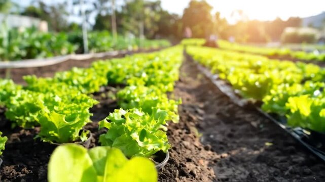 Rows of lettuce growing in sunny garden.