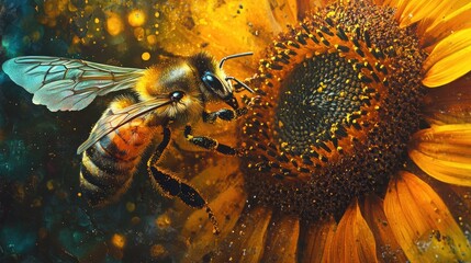 A close-up of a honeybee collecting nectar from a vibrant yellow sunflower