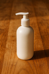 White Facewash Pump Mockup on Wooden Table – Premium Skincare