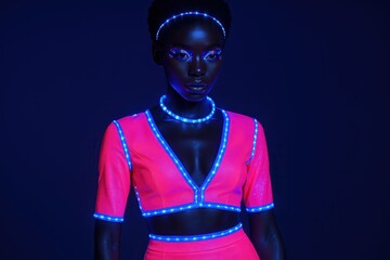 Futuristic fashion model in glowing neon cyberpunk outfit under UV lights