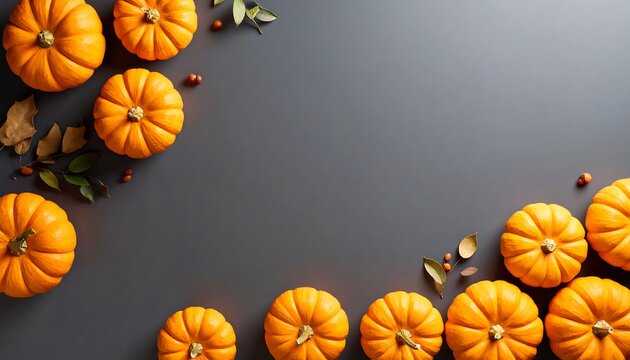 Autumn pumpkins frame with grey background.