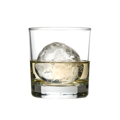 Refreshing glass of clear liquid with a large perfectly clear ice sphere elegantly presented on white background, isolated