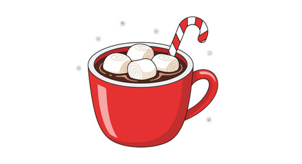 Whimsical winter beverage scene with marshmallows and candy cane in a red mug drawing
