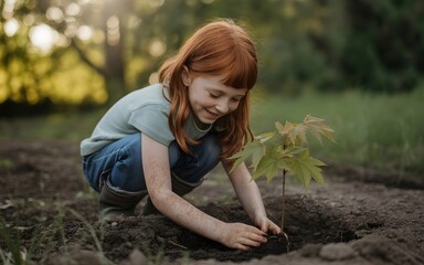 Red-haired girl planting a young maple tree in the soil, embracing nature and growth in a serene outdoor setting with a hopeful smile.