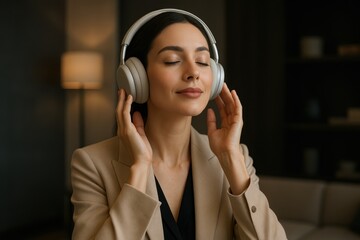 Elegant woman enjoying premium wireless audio experience with luxury noise-canceling headphones