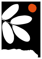 Fototapeta premium Acacia leaf silhouette with orange sun on black background for floral and zen-inspired design. Perfect for prints, posters, packaging, branding, invitations, or modern decor.
